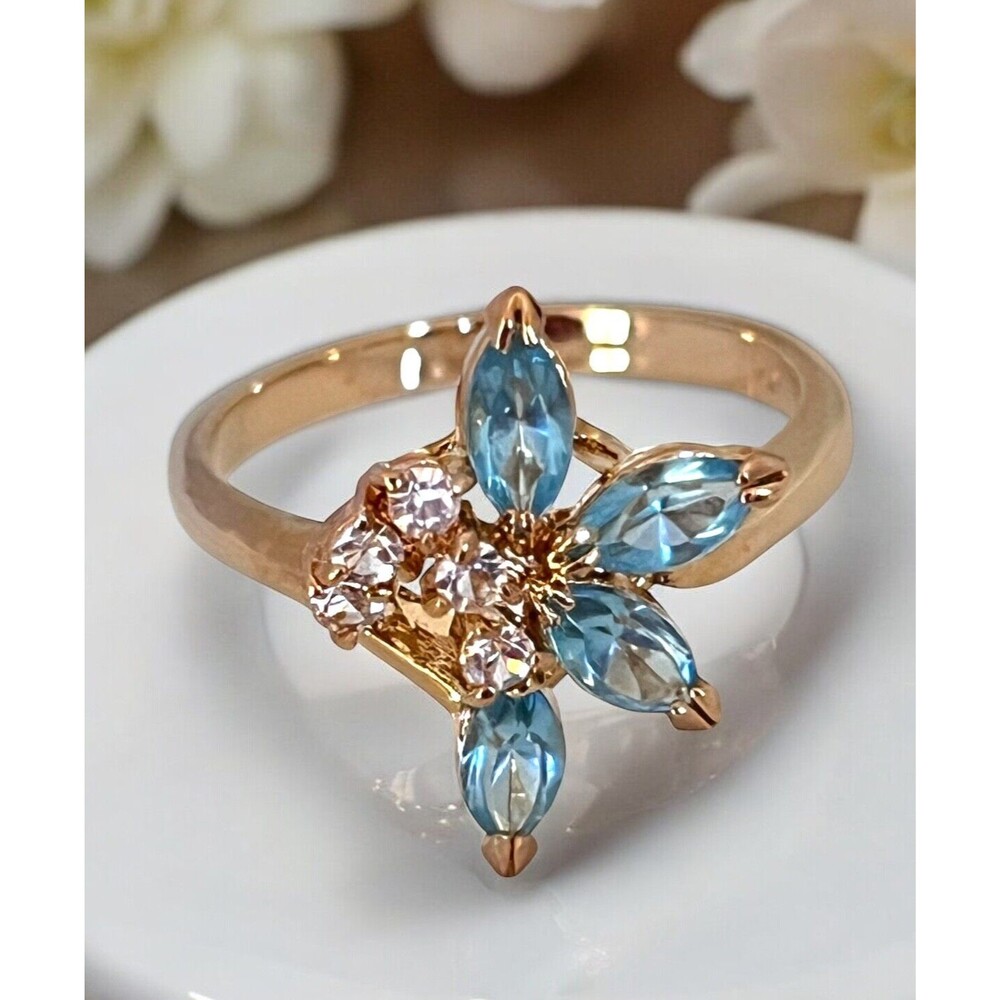 Vintage 1970s Austrian Crystal Ring Size 8 Blue Navette 14K Gold Plate - 6C - Picture 2 of 8